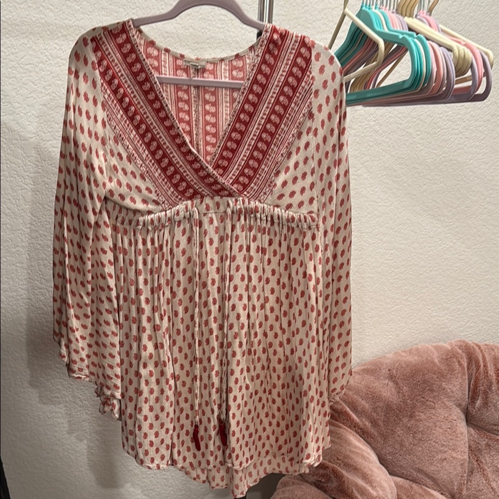 Ecote Asymmetrical Pink and Red Tunic with Embellished V-Neck